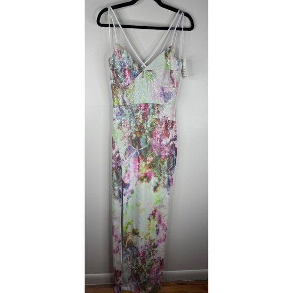 NWT Theia Watercolor Sequin Gown Size 4 Bodycon Column Maxi Dress Muted Colors - Picture 2 of 16
